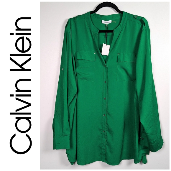 Calvin Klein Tops - Calvin Klein Button Front, Size 2X, Roll Tab Sleeves, Emerald Green